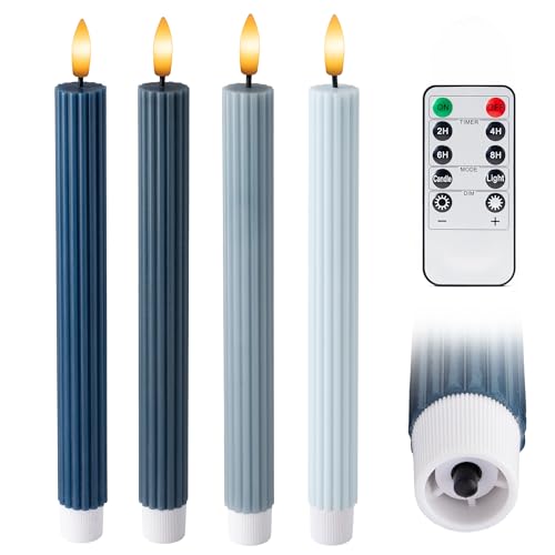 WYZworks Coordinated Blue Dawn Overcast Blues 4 Pack, 10" Real Wax LED Flameless Fluted Ribbed Grooved Taper Candles, Remote & Timer Memory, On/Off Button, Dimmable, Battery Operated, Menorah Wedding