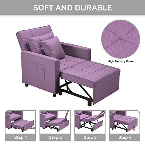 3-In-1 Chair Bed, Folding Sofa Bed With Adjustable Backrest, Pull Out Sleeper Chair Bed, Multi-Functional Single Armchair,Modern Linen Fabric Chair Bed (Linen Purple) #TOP5