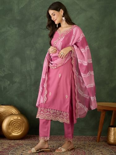 Image of Naixa Women's Rayon Embroidered Straight Kurta with Pant and Dupatta Sets (NX-795)