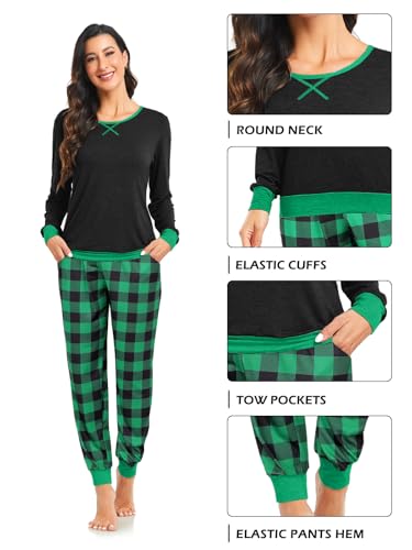 Men & Women Pajama Sets for Couples Long Sleeve Sleepwear Plaid Pants with Pockets Xmas Pjs Black&Green Plaid S3