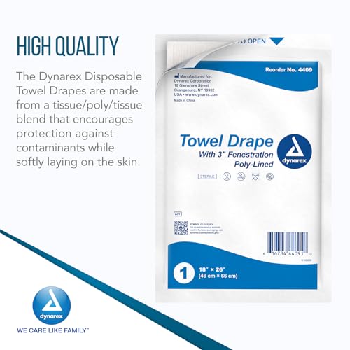 Dynarex Sterile Fenestrated Towel Drapes 18" x 26" - Toallas Desechables para Procedimientos con Forro de Polietileno y Paños Médicos para Pacientes - Caja con 50 Hojas de Drapes miniatura 3