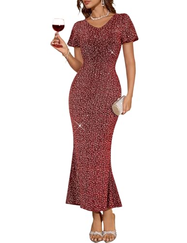 DRESSTELLS Womens Cocktail Sequin Wedding Guest Dresses, Glitter Sparkly Fall Evening Party V-Neck Long Prom Dress