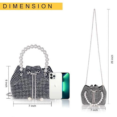 DOSYSO Rhinestone Bucket Bag Mini Evening Pearl Handle Handbags Clutch For Women Drawstring Crossbody Sling Bags with Chain Strap Stylish Potli... - Image 7