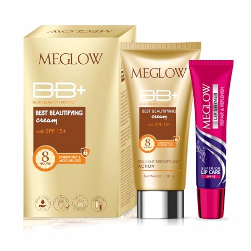 Image of Meglow Beauty BB+ Cream (30g) with SPF 15 Brightening, Moisturizing and Instant Complexion Enhancement and Enriched with Natural Ingredients Meglow Lip Shiner (15g)- Combo Pack of 2