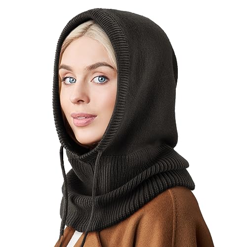 DRESHOW Wintermützen für Damen Balaclava Strickmütze Skull Cap mit Kordelzug Warmer Kapuzenschal Mütze