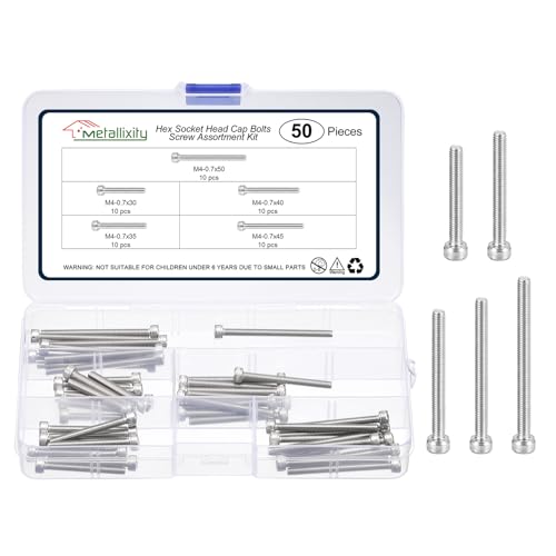 METALLIXITY Socket Head Cap Screws Kit (M4x30/35/40/45/50) 50Pcs | Stainless Steel Allen Socket Drive – Machine Internal Hex Screw Silver