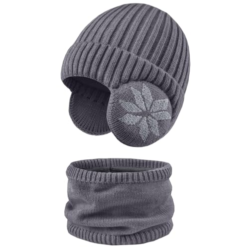 KIRAAT 3-10Y Kids Earflap Beanie and Scarf Set for Girls Boys,Winter Warm Knit Ski Hat with Fleece Lined