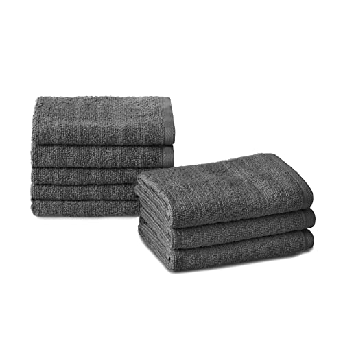 Welhome James | 8 Piece Wash Towels | Stripe Textured Charcoal Gray Bathroom Towels | Soft & Absorbent Towels for Bathroom | Quick Dry Towels | 100% Cotton Wash Towels