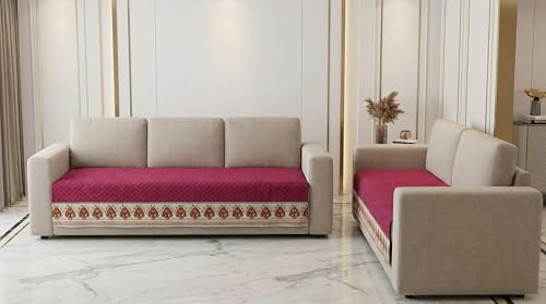 Image of Velvet Quilted Sofa Cover Mat Seat & Back, 3+2 Set, Total L115in H32in (3+2), Maroon Color,Anti Skid Backing, 6in Hanging Strap Design, Washable Soft, Anti, Style -Maroon-S32