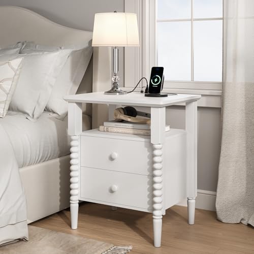 Image of JOINICE White Nightstand Set of 2 with Charging Station, Jenny Lind Spindle | Bedside Tables for Bedroom, Living Room, Kids Room, End Tables with 2 Large Drawers Solid Wood Legs, Easy Assembly