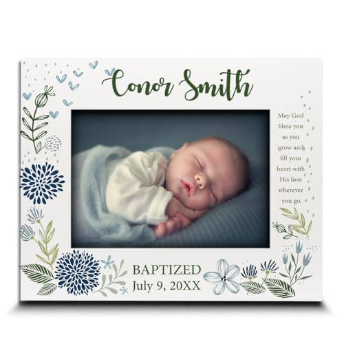 BELLA BUSTA-Personalize -Baptism, Dedication, Confirmation, First Communion Theme Picture Frame-Keepsake from Godparents, Friends, Family-UV Print Frame (Blue (5x7 Horizontal))