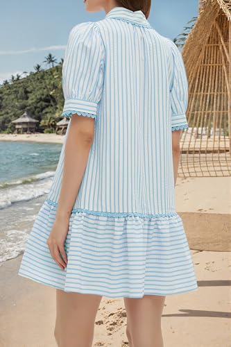 Image of EZAPINE Women Striped Shirt Dress Summer Button Down Collared Short Puff Sleeve Ruffle Hem Casual Flowy Mini Dress
