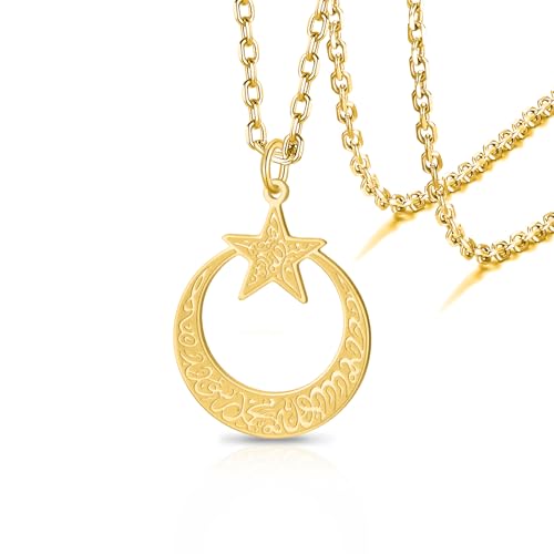 VASSAGO Collier islamique Ayatul Kursi avec pendentif croissant de lune et étoile Calligraphie arabe musulmane Bijoux Allah en acier inoxydable Cadeau pour...