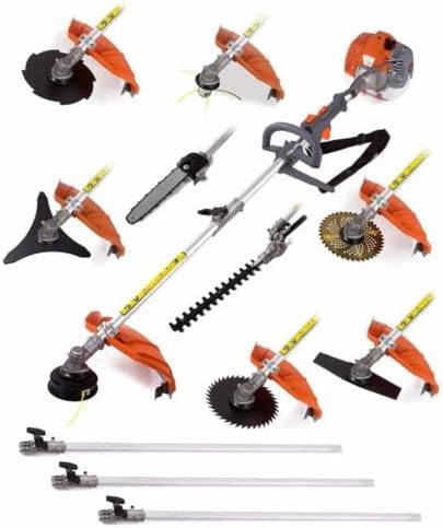 62CC 12 in 1 Hedge Trimmer 2 Strokes Brush Cutter Weed Eater Lawn Mower Chainsaw+3extension Poles
