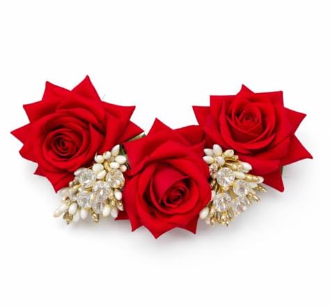 Floral Hair Accessory with Roses and Pearl Embellishments | Wedding Bridal Decorative | Hair Accessories For Women's & Girls - Stylish Artificial Flowers & Crystal Pearls Bun Juda Bridal Brooch for Hairstyle & Decoration (Red)-image-39