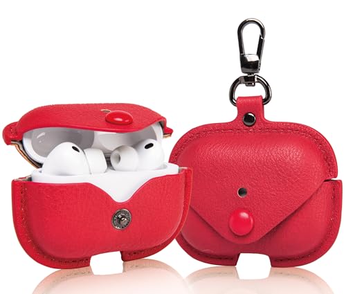 Étui AirPods Pro 3 (2025) rouge en cuir PU rétro avec porte-clés et LED