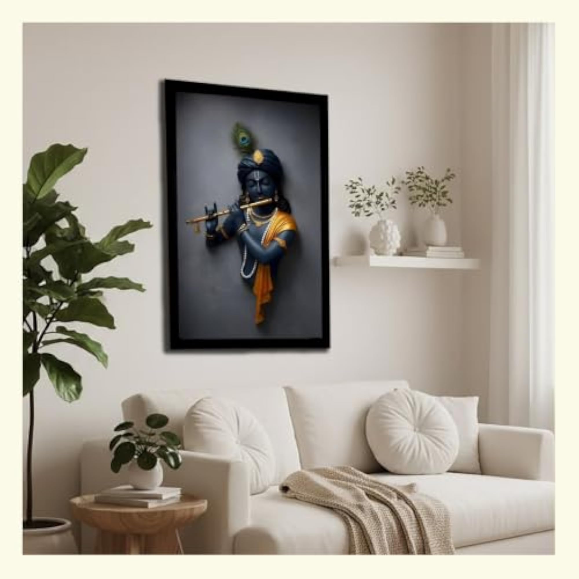 Lord Krishna Playing Flute Wall Painting, Premium Framed Art
