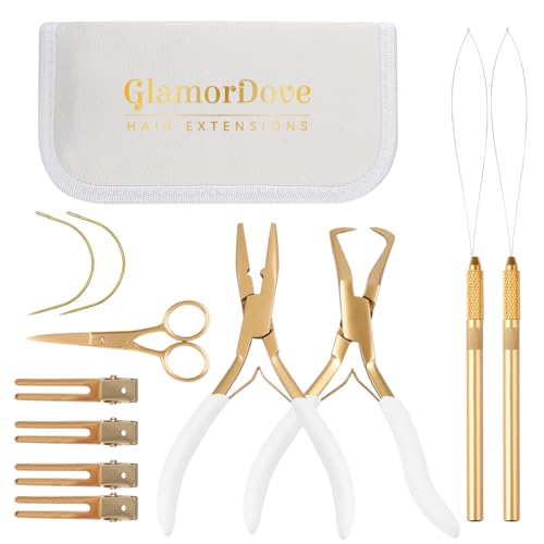 GlamorDove Hair Extension Tool Kit Anti-Slip Stainless Steel Pliers for Sewing Weft Extensions Microlink Tool Set Opener Pliers Oxford Cloth Bag Hair Loop Tool Feather Extensions