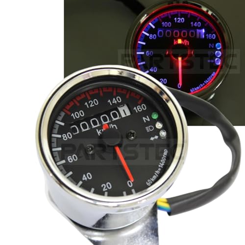 MOTOR POWER バイク 汎用 機械式 スピードメーター 最大速度160km ブラックパネル メッキボディ LED インジケーター内蔵 60mm 60パイ ステンレスボディ V字ステー付 / 156-40