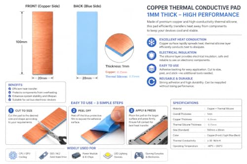 Image of ART IFACT 6 Pieces of Self Adhesive Copper pad with Double Sided Thermal Tape, High Performance Heatsink Copper with 30.0 W /mk Thermal Conductivity for CPU, RAM, Mobile, Camera- Size 100 x 20mm