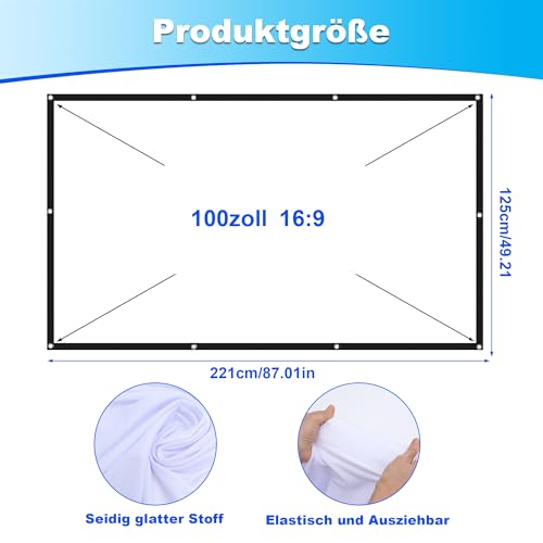 Leinwand Beamer 100 Zoll, 16:9 HD Leinwand für Beamer, Tragbare Projektionsleinwand Faltbar & Knitterfrei für Heimkino, Büro, Schule, Meetings & Outdoor Camping