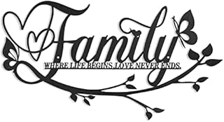 Family Where Life Begins Love Never Ends Word Sign Wall Decor, Black Metal Cutout Family Signs Wall Art Decorations, Letters Quotes Sign for Bedroom Kitchen Indoor Outdoor Decor(17.5 x 9in) (Black)