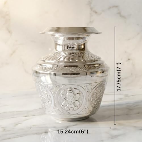 Image of Brass Ashtalakshmi 7 Inch German Silver Finish Kalash 2Ltr Capacity Puja Lota for Pooja Mangal Pot for Home Temple Decoration Hindu Religious Water Vessel
