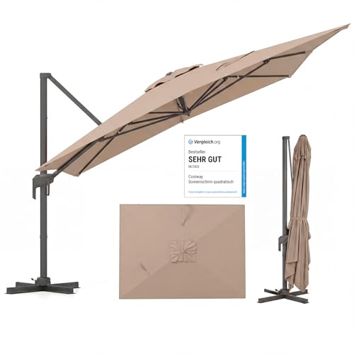 COSTWAY Sonnenschirm rechteckig 300 x 400 cm großer Ampelschirm mit Kurbel Gartenschirm neigbar 360 drehbar Terrassenschirm Marktschirm für Garten Terrasse (Braun)