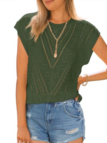 Image of Langwyqu Womens Cap Sleeve Tops Summer Crew Neck Shirt Lightweight Crochet Knit Sweater
