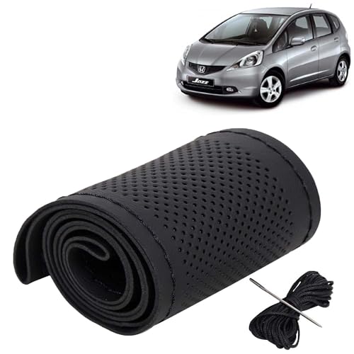 Image of KINGSWAY PU Leatherite Car Steering Cover Sewable Compatible with Honda Jazz (Year 2009-2014), Black Color with Black Thread, Pack of 1 with Sewing Needle and Thread