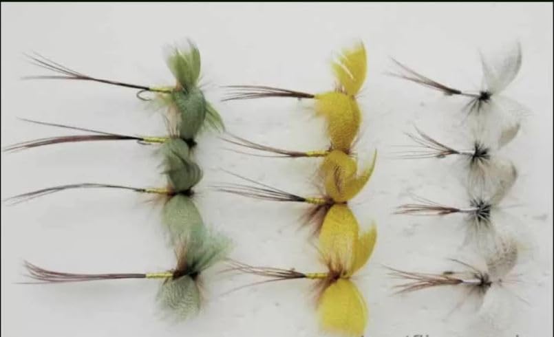 12 Mayfly trout flies, Barbed or barbless drakes, Green,Grey & Yellow early season top flies, May and June Must Haves (Barbless)