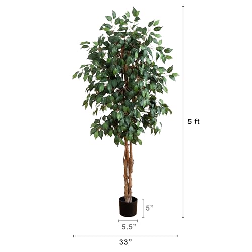 Image of Nearly Natural 5ft Artificial Ficus Tree, Triple Trunk Faux Greenery with Natural Wood Trunks for Indoor Home Decor, with Black Nursery Pot