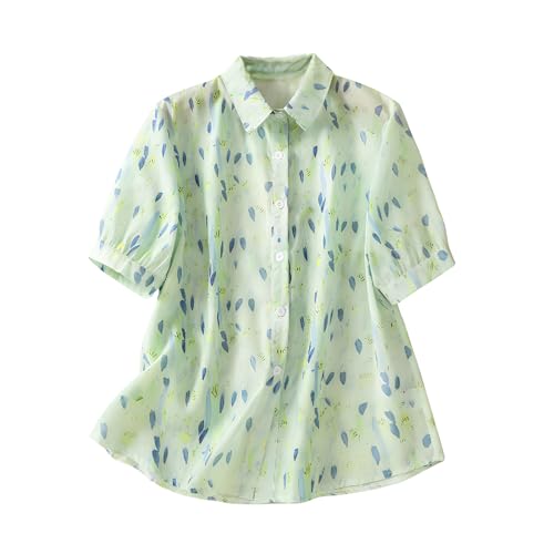 Image of Gufrina Women's Sea Green Leaf Printed Western Shirt with Button Down Front, Puff Sleeves and Relaxed Fit Design
