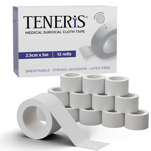 Teneris Athletic Zinc Oxide Cotton Sports Tape 2.5cm x 5m 12 Rolls Value Pack White Tape for Joint Support Blister Prevention and Strapping for Boxing BJJ Climbing Rowing & Weightlifting