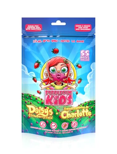 Image of Bubblegum Kids Daisy's Strawberry Field Sugar Free Gum | Strawberry Flavor Sugarless Gum with Xylitol | Low Calorie Candy Alternative for Kids & Adults | Resealable Bag, 55 Pieces Per Pack, 6 Pack