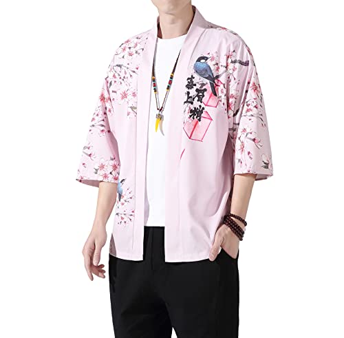 Image of PRIJOUHE Men's Lightweight Kimono Jacket Seven Sleeve Open Front Cardigan Coat Japanese Style Bathrobe