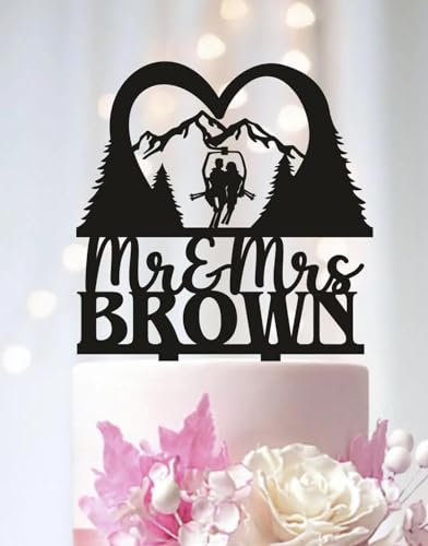 Winter Ski Lift Wedding Cake Topper Bride and Groom Couple