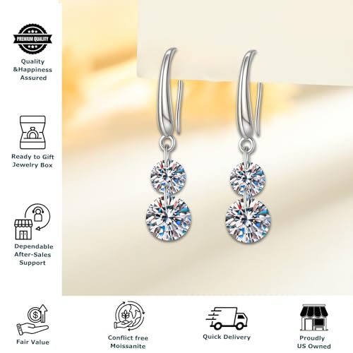 Moissanite Dangle Drop Earring for Women, 3 Carat Total, Hypoallergenic 925 Sterling Silver Jewelry3