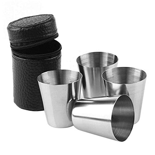 4pcs/Set 30ml Stainless Steel Shot Cups Shot Glass Drinking Home Kitchen Sets with Leather Cup Holder