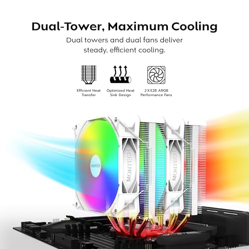 Image of MONTECH NX600 ARGB Dual-Tower CPU Air Cooler with 6 Heatpipes & Premium Top Cover | 28mm E28 ARGB Premium Fan | Soldered Copper Base | Superior Heat Dissipation | All Intel & AMD Socket Support |White