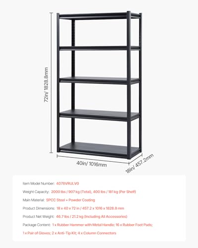 Image of VEVOR Storage Shelves, 2000 lbs, 5 Tier Garage Storage Shelving, 18 inch D x 40 inch W x 72 inch H Adjustable Metal Shelves for Garage Shelves Utility Rack Shelf, Ideal for Kitchen, Warehouse, Basement, Black
