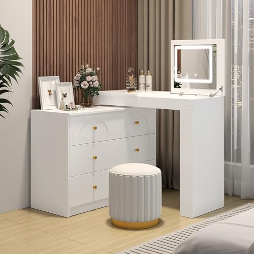 Image of JIVOIT Vanity Desk with Flip-Top Tabletop, Makeup Vanity Table with Mirror, 7 Drawers, 9 Compartments, 3 Shelves, 3 Color Modes Adjustable Makeup Table, Easy Assembly (Walnut /524)