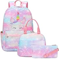 Kouxunt Unicorn Girls School Backpacks for Kids Teens, 3-in-1 School Bag Bookbags Set with Lunch Bag Pencil Case (Pink)