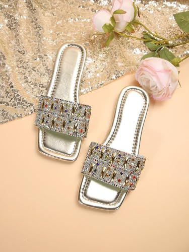 Verdusa Women's Rhinestone Dressy Sandals Square Toe Metallic Flat Sandals4