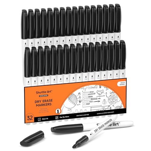 Image of Shuttle Art Dry Erase Markers, 32 Pack Black Whiteboard Markers,Fine Tip Dry Erase Markers for Kids,Perfect for Writing on Whiteboards, Dry-Erase Boards,Mirror,Calender,School Office Supplies