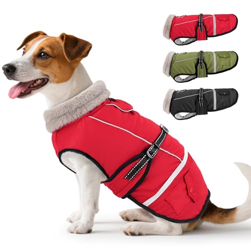 Woiil Hundemantel Winter, Hundemantel Wasserdicht für Kleine Hunde mit Verstellbaren Schultergurten, Warm Hundejacke aus Fleece, Reflektierende Streifen, Geeignet für Jack Russells (M,Rot)