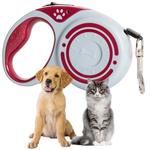 Guinzaglio Retrattile Cani, Fino 5 metri Lunghezza, Tasto Blocco, Taglia PICCOLA/MEDIA, Peso Massimo 15 Kg, Corda Senza Grovigli a 360°, Impugnatura Ergonomica (GRIGIO)