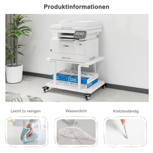 PUNCIA 2-schrichte Druckertisch Druckerständer mit Rollen 60 x 50 cm mobiler Druckerwagen Druckerregal aus Holz & Metall Druckerschrank für großen Drucker Scanner Arbeitszimmer Büro Schule Weiß