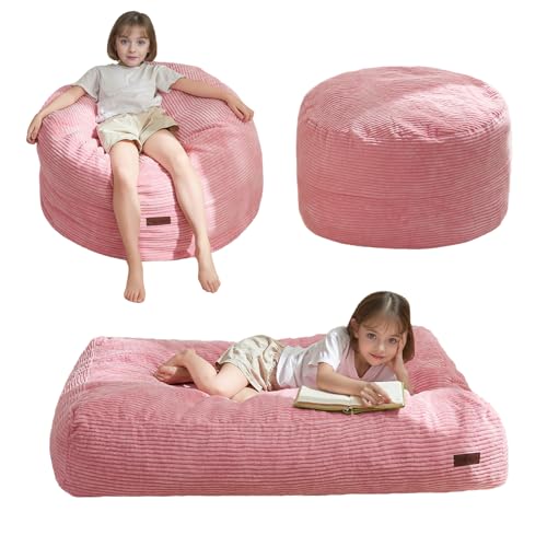 MAXYOYO Bean Bag Chair Bed for Kids, Convertible Bean Bag Folds from Lazy Chair to Floor Mattress Bed, Machine Washable Corded Fabric, Stuffed Floor Sofa Couch for Boys and Girls, Pink