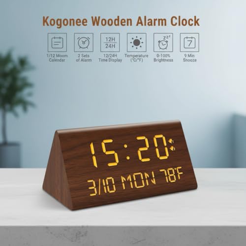 Reloj despertador digital de madera con brillo ajustable para dormitorio 5